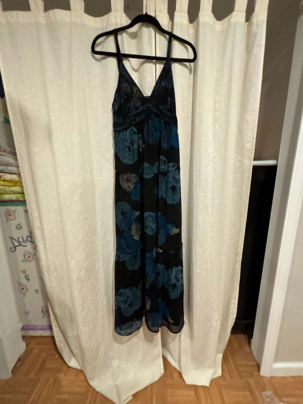 White House Black Market Blue and Black Floral Print Maxi Dress
